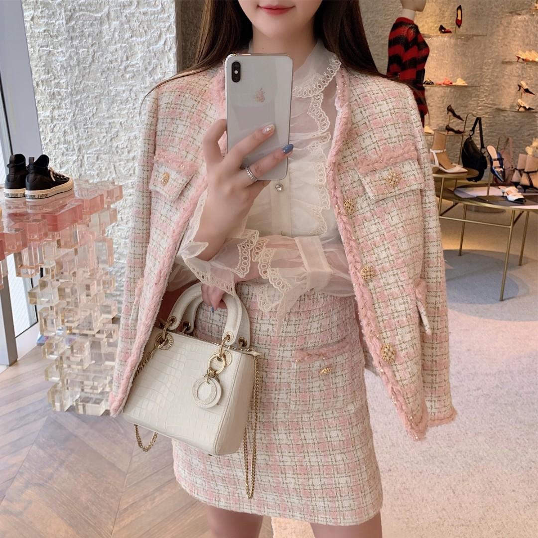 Chanel Pink Beige Tweed Knit Skirt and Jacket Set with Chiffon Trim For  Sale at 1stDibs  chanel tweed set chanel skirt and jacket set pink tweed  blazer and skirt set