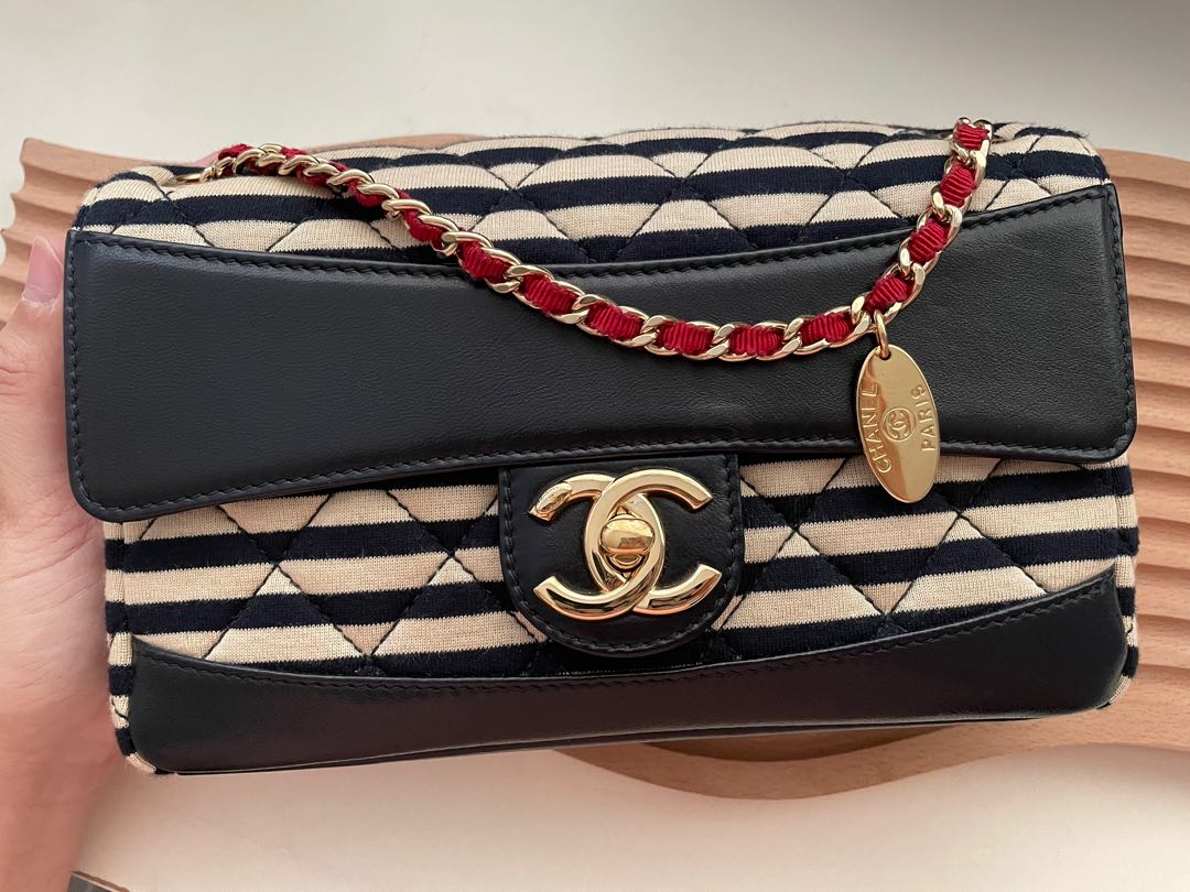 Chanel Striped Jersey Leather Jumbo Coco Nautical Flap Bag, Luxury, Bags &  Wallets on Carousell