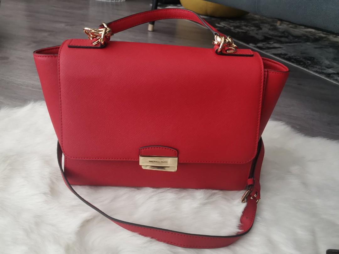 Authentic 33cm Michael Kors red Crossbody Brandi Medium Top Handle Leather Satchel with MK dustbag