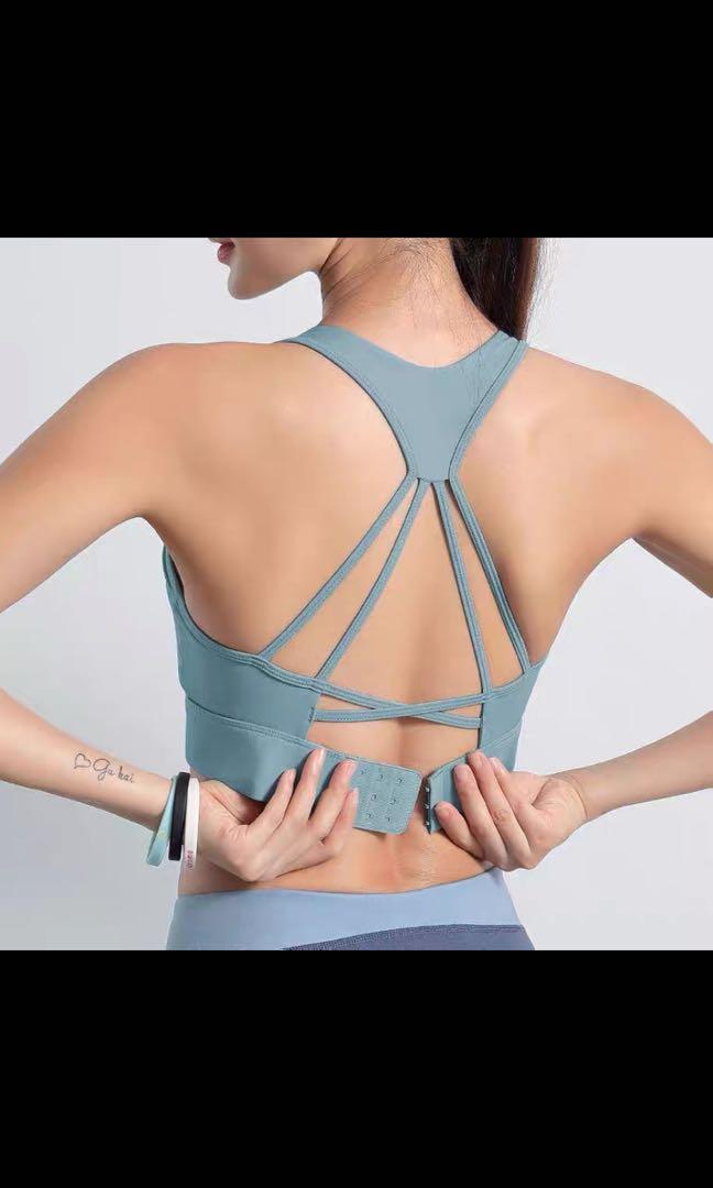 Back clasp sports bra blue green