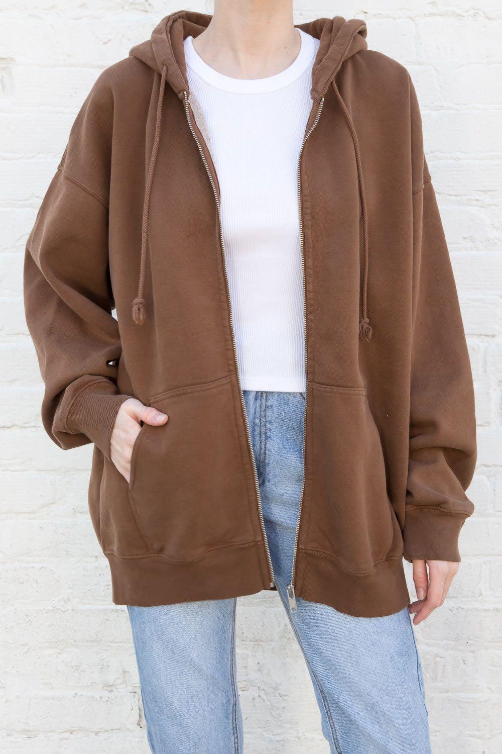brandy melville christy hoodie carla zip up jacket oversized regular fit  sweater sweatshirt pullover (brown/ black/