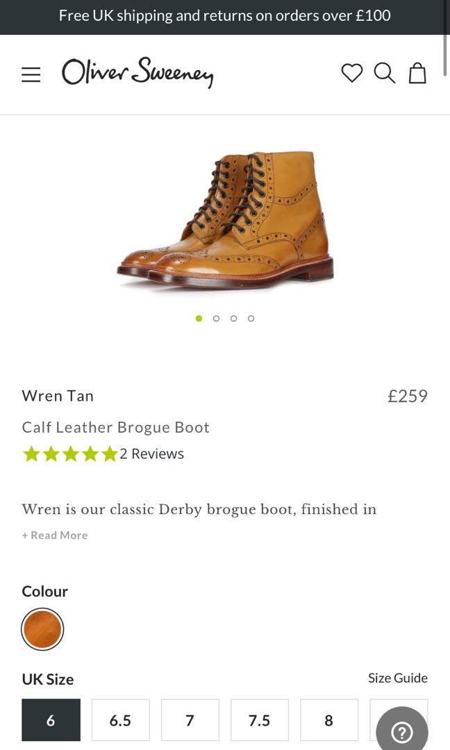 Oliver Sweeney UK7 Wren Tan Calf Leather Brogue Boots Men s