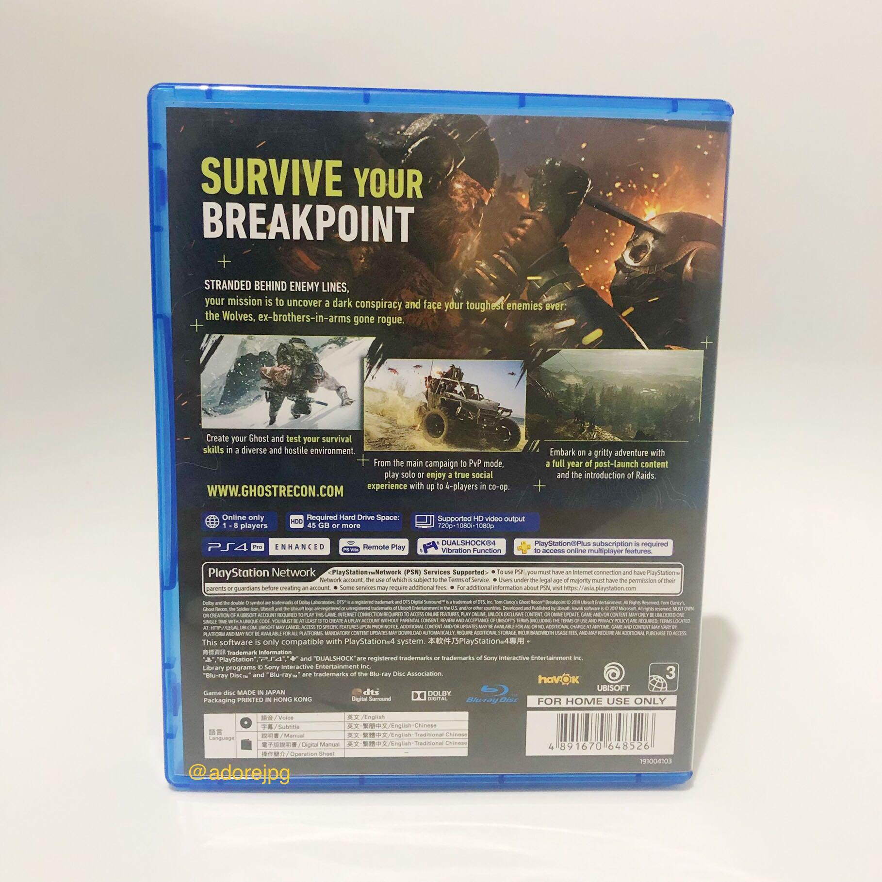 [PS4] Tom Clancy’s Ghost Recon Breakpoint (R3) (Category: PlayStation) located in Caloocan City. Submitted by adorejpg (Listing ID 1102618830, Image 2). Description: Tom Clancy’s Ghost Recon Breakpoint (R3) USED CODES Become a Ghost, an Elite US Special Operations soldier, as you fight to survive against your brothers who have turned against you. Includes: * Physical Copy with Case * Manual and Disc * Bought at DataBlitz MOP: * Upon Meetup * GCas