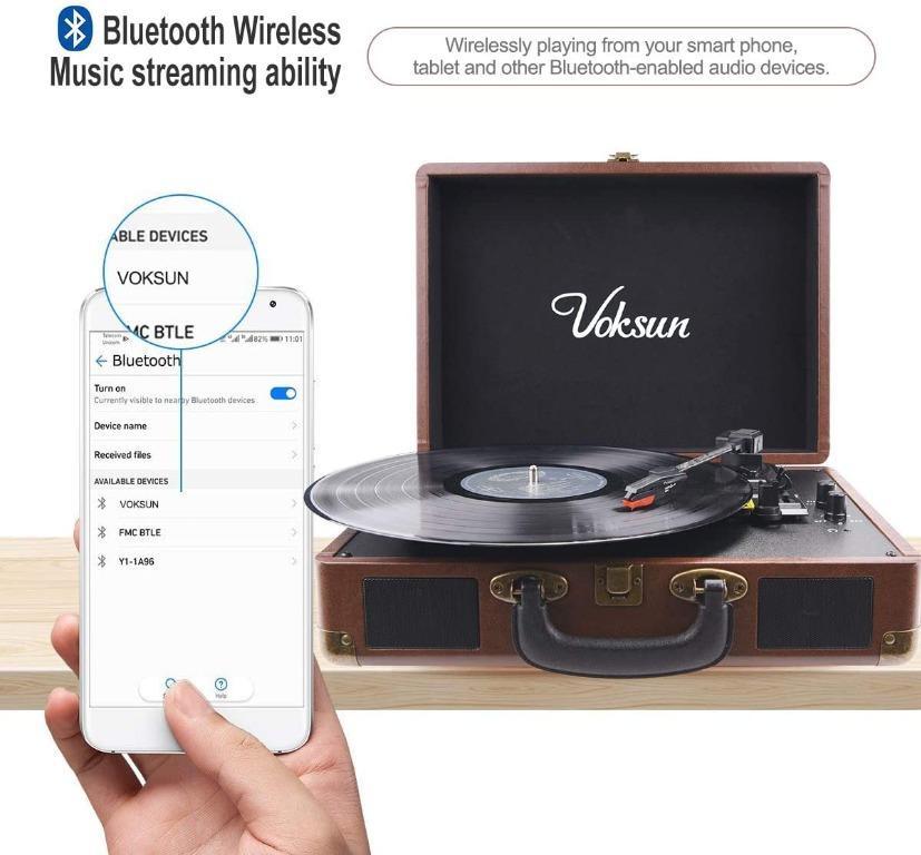 Record Player, VOKSUN Portable Bluetooth Vinyl Turntable, Built-in