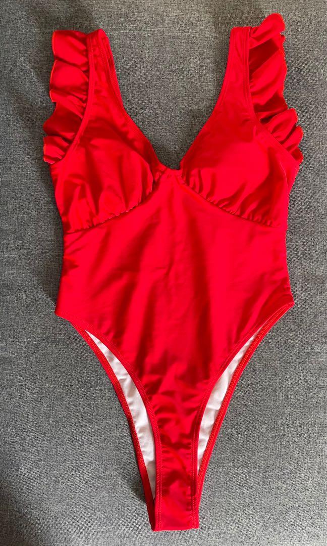Brand New Shein Sexy Red Ruffles V Cut One Piece Swimsuit Women S Fashion Swimwear Bikinis Swimsuits On Carousell