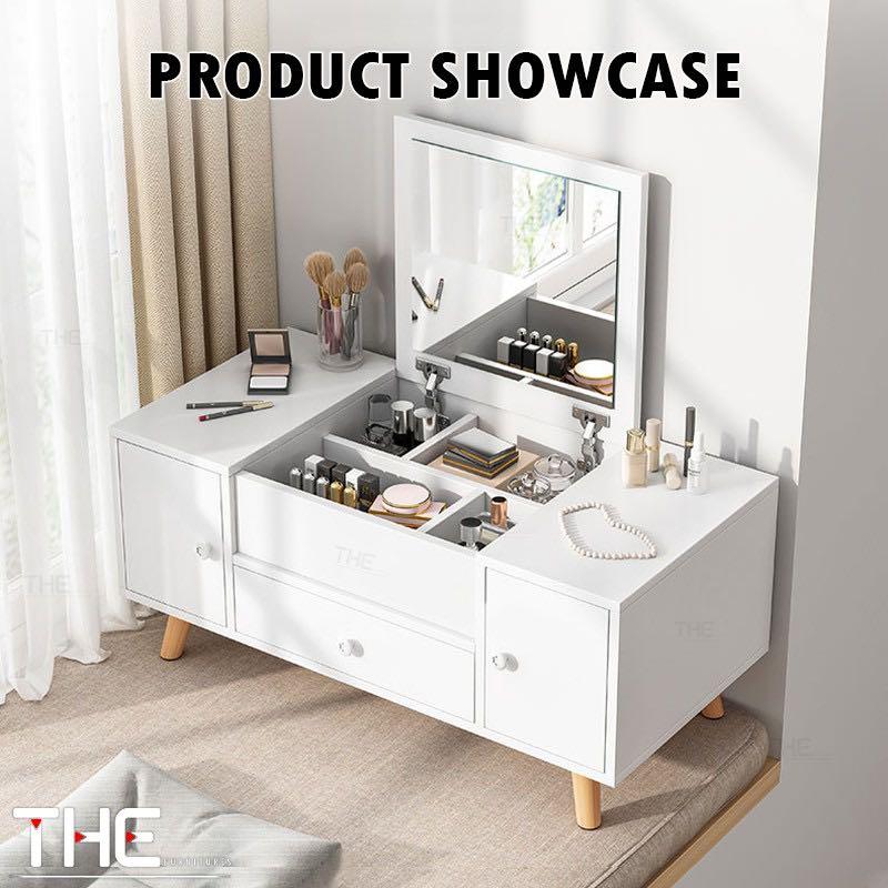 Vanity table with fold down 2025 mirror