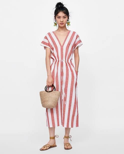 Zara Linen Pink Striped Kaftan Dress, Women's Fashion, Dresses & Sets,  Dresses on Carousell