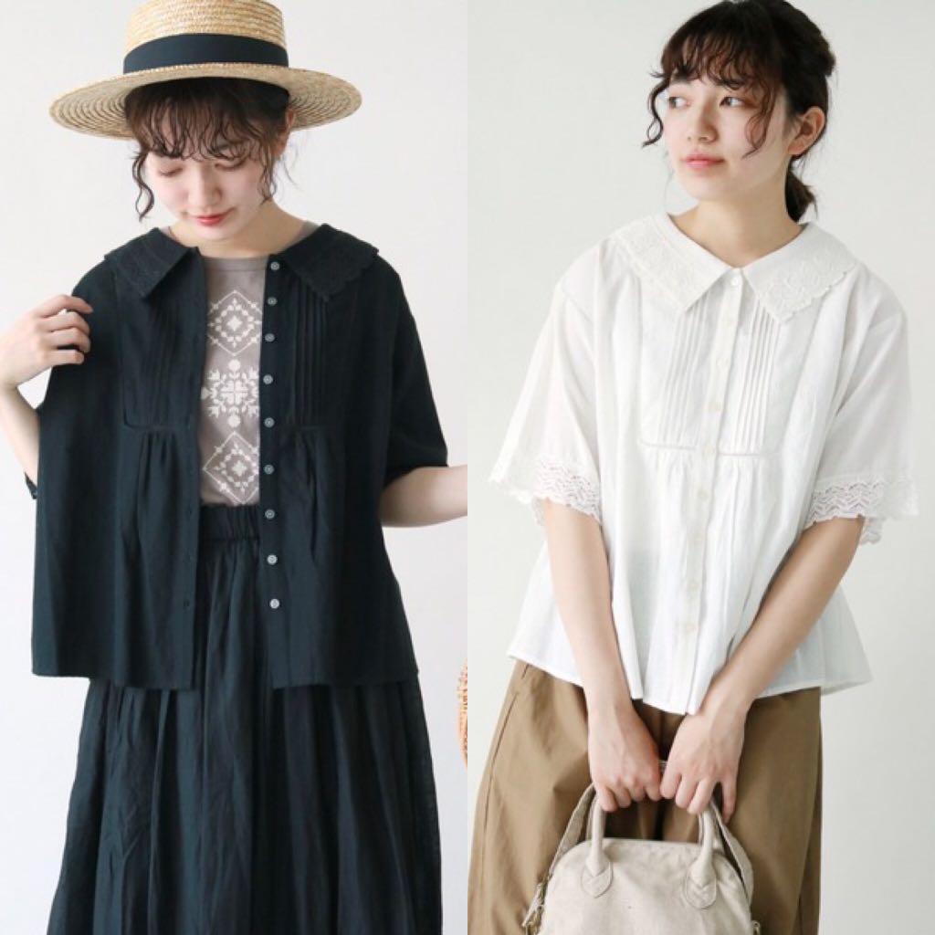 3706 Mori Girl必入 日牌s Ansa M S2拼lace領袖邊風琴褶胸幅設計棉麻shirt 女裝 上衣 襯衫 Carousell