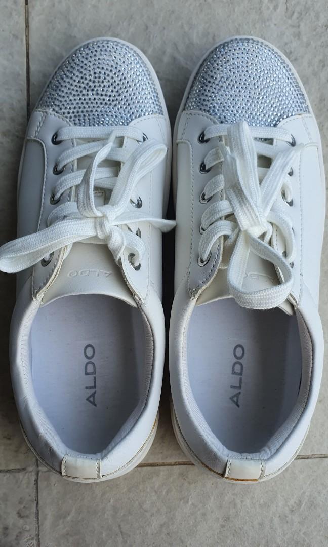 ALDO White Lace Up Bling Flat Sneakers