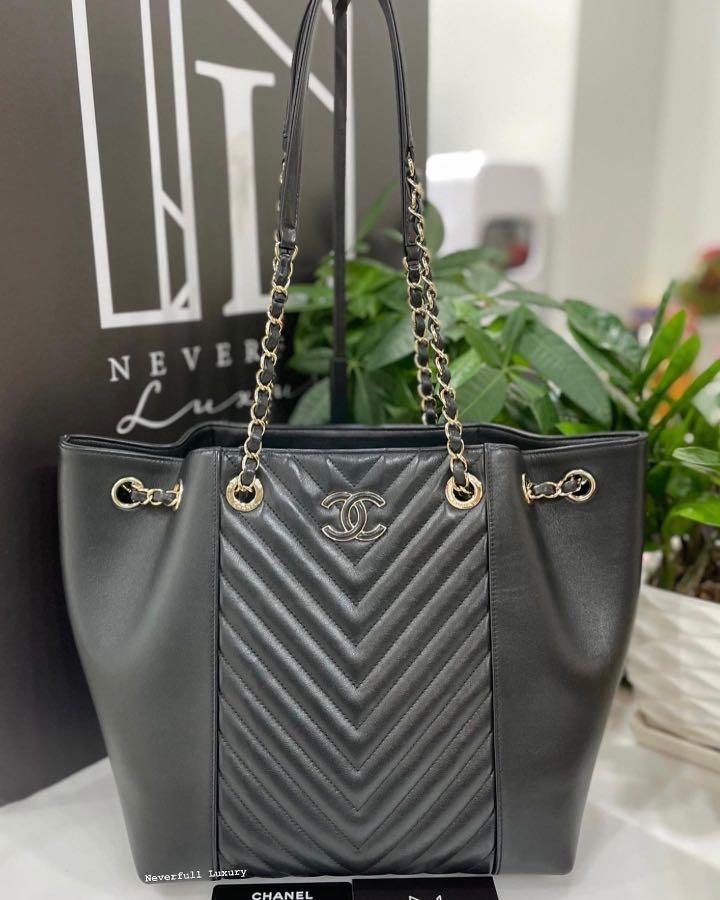 Chanel Tote Shopping Chevron Calfskin Black Shw, Luxury, Bags & Wallets on  Carousell