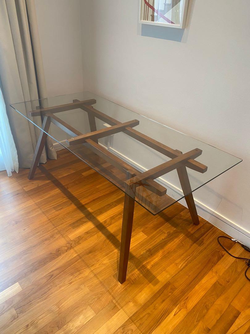 Dining table picket & rail wood glass, Furniture & Home Living