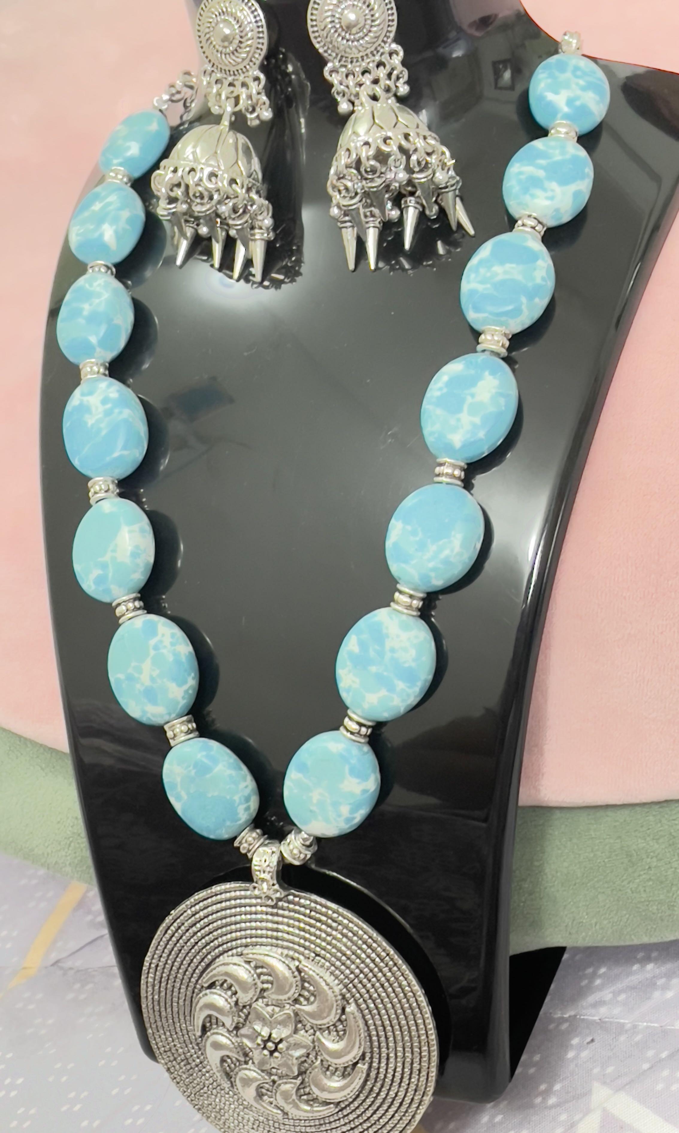 Oxidized oxidised Indo Western necklace and earrings Set black metal and gemstone design