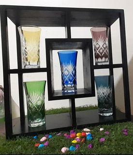 Japanese Cut Glass Cups, Edo Kiriko Cups,,BAR SHOT GLASS WITH WOODEN RACK