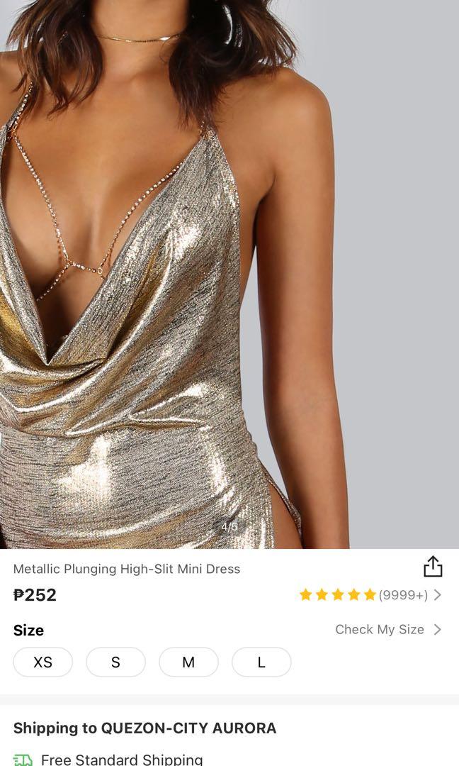 Backless metallic plunge cowl shop slit dress