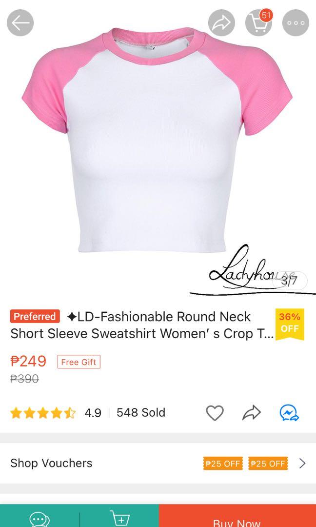 Roundneck Baseball Tee Crop Top in Pink (Category: Shirts) located in Valenzuela. Submitted by el8isa (Listing ID 1102885990, Image 2). Description: • Bought for 249 at Shopee (see 2nd pic) • Soft and made with thick material! • Fits S-M perfectly.