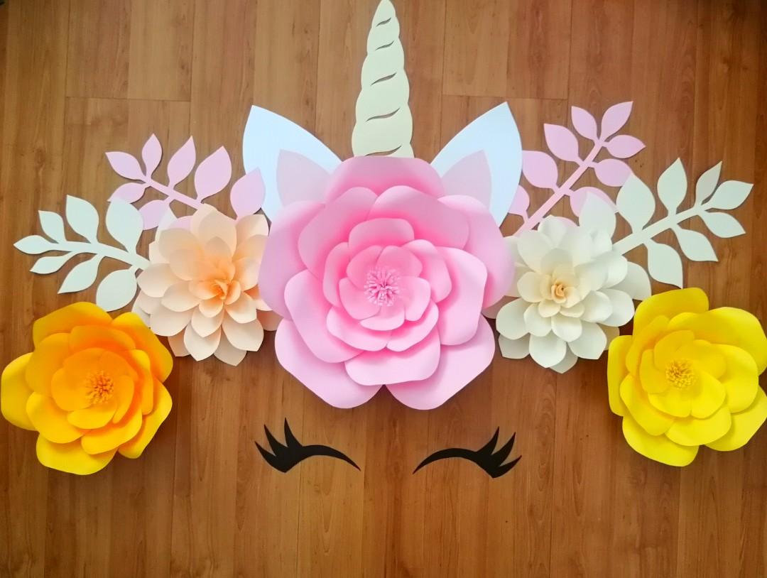 Unicorn Party Backdrop Horn Eyelashes Paper Flowers Wall Decor