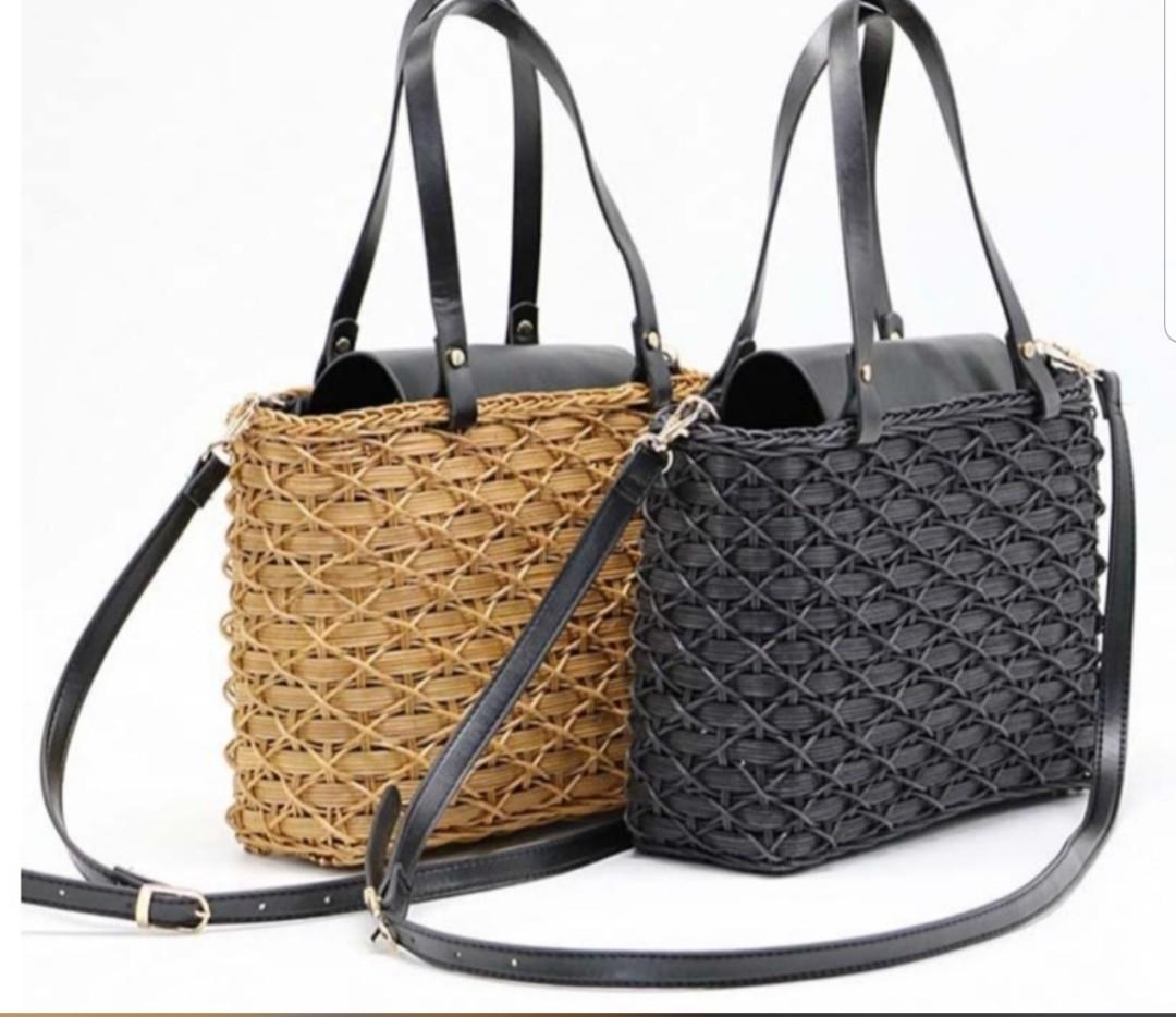 ZARA Natural Straw Rattan Woven Weave Bag Black Women s Fashion Bags Wallets Cross body Bags on Carousell