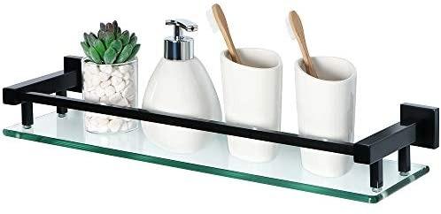 Stainless Steel Matte Black Finished Sayayo Bathroom Shelf Tempered Black Glass Shelf with Square Rail Wall Mounted 16 inches EGC2000-40-B