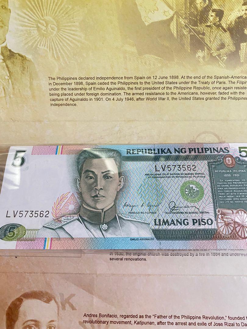 Five and Ten Piso Banknotes (Category: Everything Else Others) located in Makati City. Submitted by eric103 (Listing ID 1102934582, Image 1). Description: Five and Ten Piso Banknotes Kagitingan portraits of Heroism From BSP Crisp.