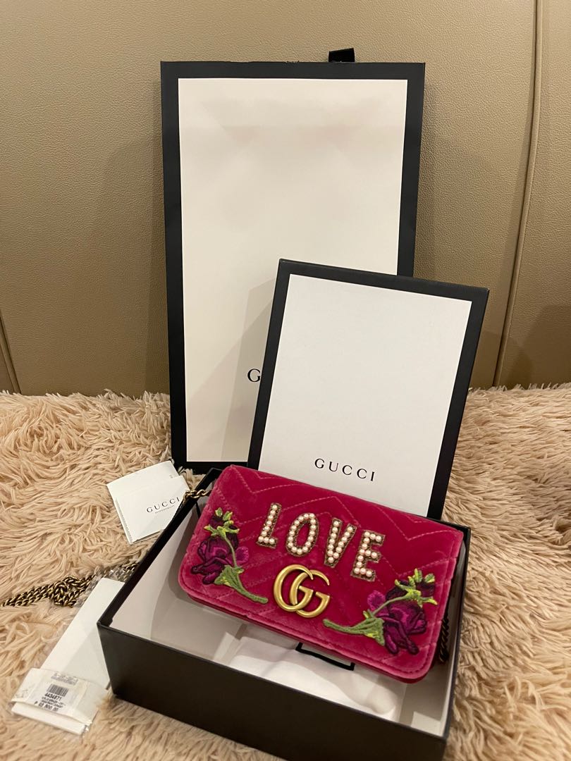 GUCCI Marmont Velvet Love Mini Pearl Embroidered Shoulder Bag Pink