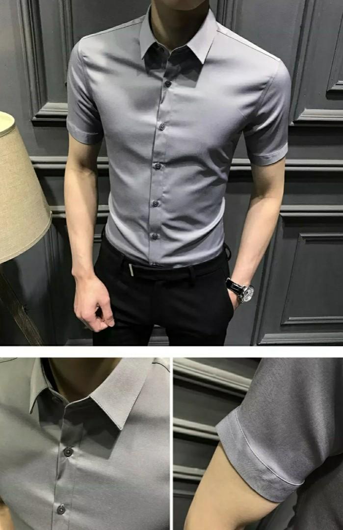 Short Sleeves Men Shirt Light Grey