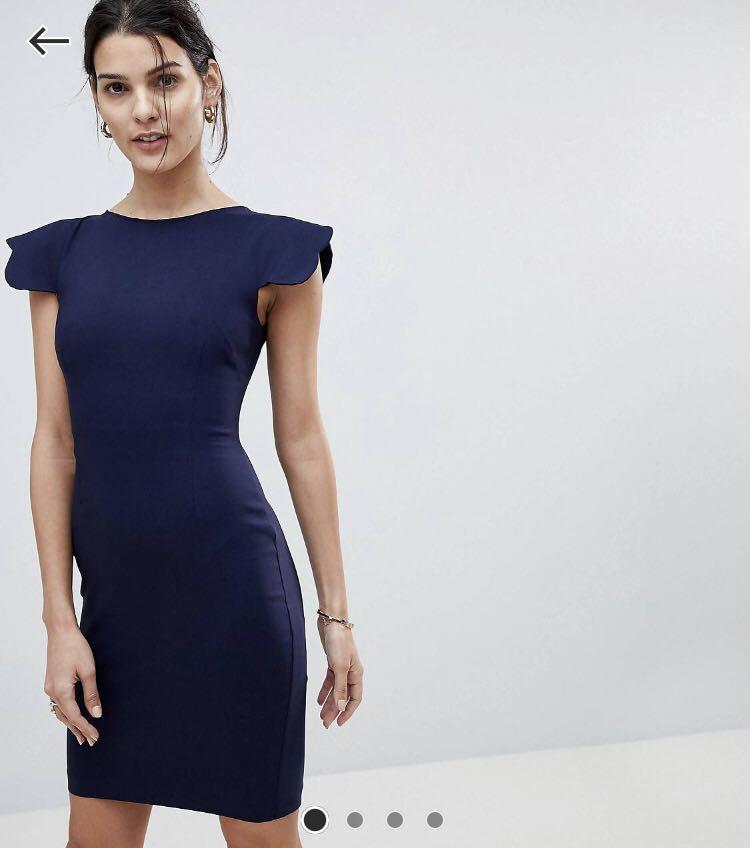 Vesper Navy Pencil Dress with Scallop Sleeve, Women's Fashion