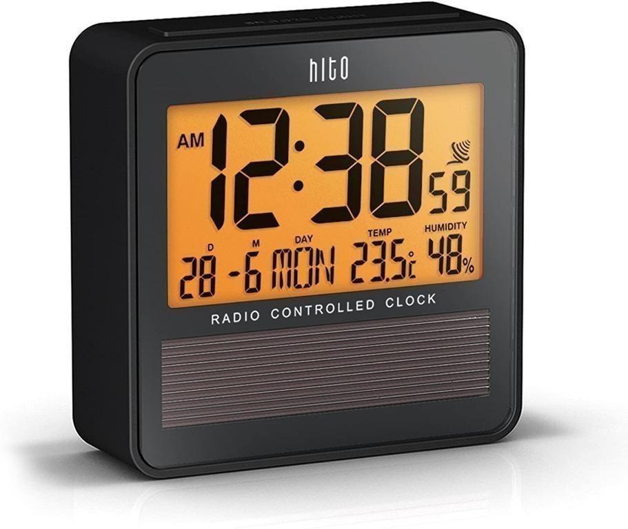 10443) HITO 3.7” Atomic Travel Alarm Clock with Solar Panel, Date Day