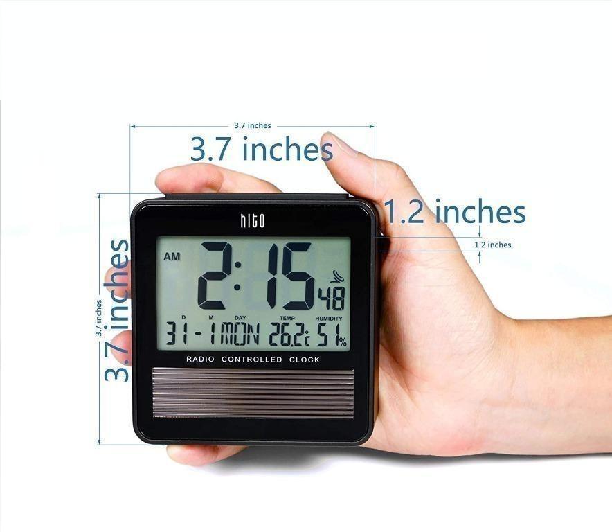 10443) HITO 3.7” Atomic Travel Alarm Clock with Solar Panel, Date Day