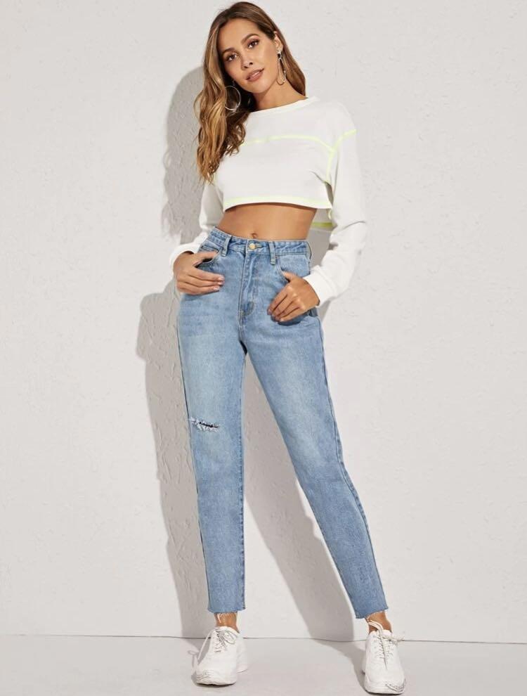 Acid Wash Destroyed Raw Hem Mom Jeans Light Wash Women s