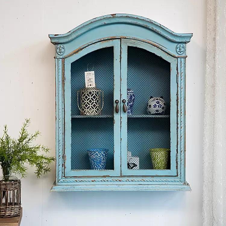 Antique vintage style blue wall cabinet rustic rack V50