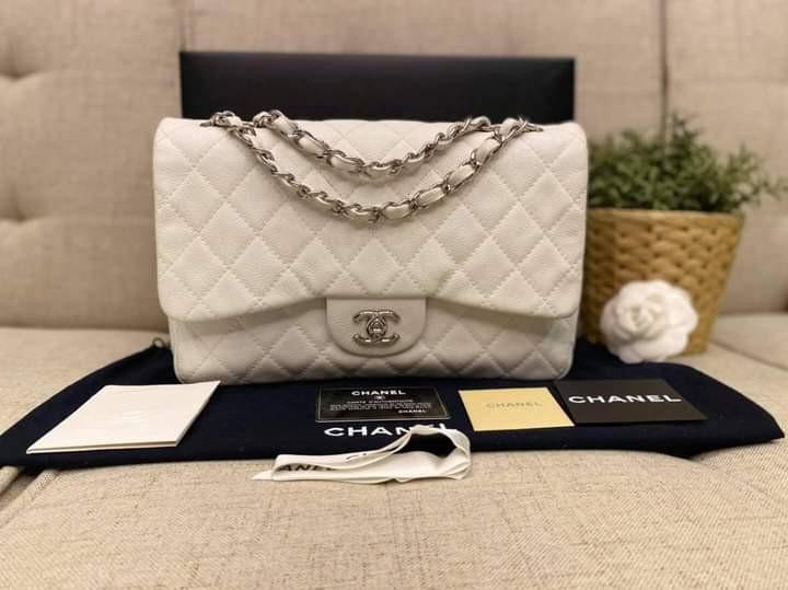 Chanel Jumbo White Single Flap Soft Caviar in SHW Series 12