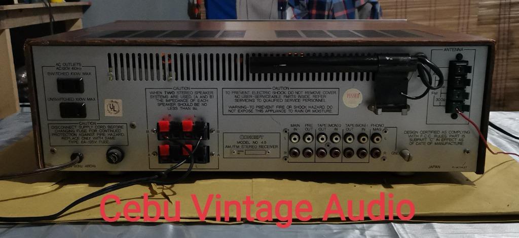 CONCEPT Stereo AM/FM Stereo Receiver 4.5 (1978) (Category: Soundbars, Speakers & Amplifiers) located in Cebu City. Submitted by cebu_vintage_audio (Listing ID 1103288478, Image 3). Description: Very good working condition warm, detailed sound; discrete phono stage Aux, Tape monitor 1 and 2 inputs 120 volts, imported from the USA price slightly negotiable call/text: 09185571613/09459985749 SPECS: Tuning range: FM, 88 to 108 mhz MW, 540 to 1600 khz