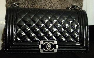FULL SET NEW Chanel Medium Black Patent Leather Boy  Flap Bag