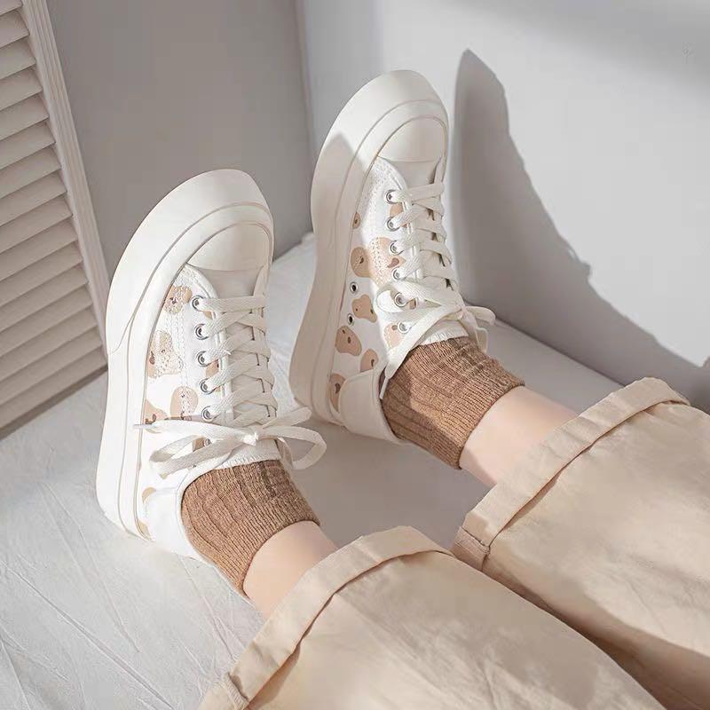 1617 tumblr basic cute brown bear patterned canvas lace converse shoes, Women's Fashion, Footwear, Sneakers on Carousell