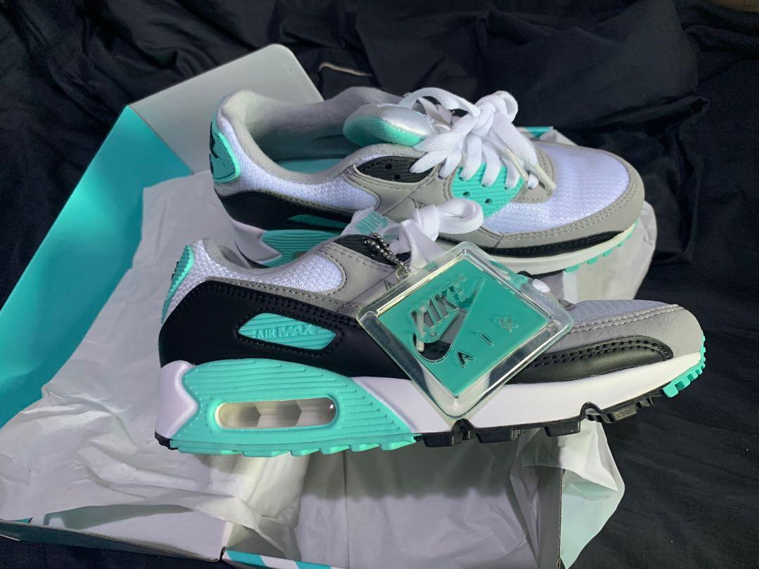 Authentic Nike Air Max 90 White Hyper Turquoise Black Particle Grey Size US W 7 M 5.5