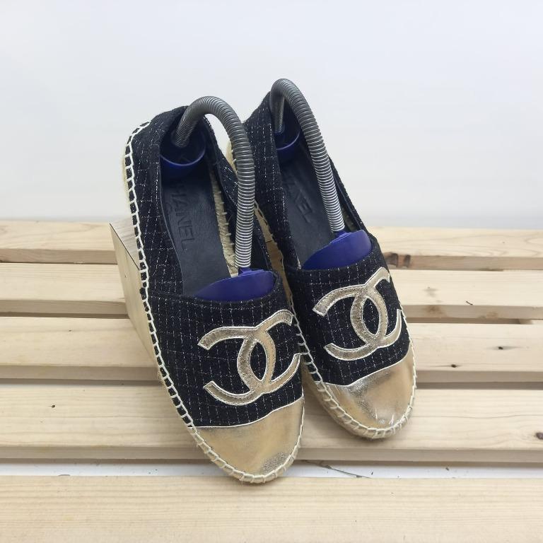 espadrilles chanel WMNS BLACK gold sepatu slip on wanita merk