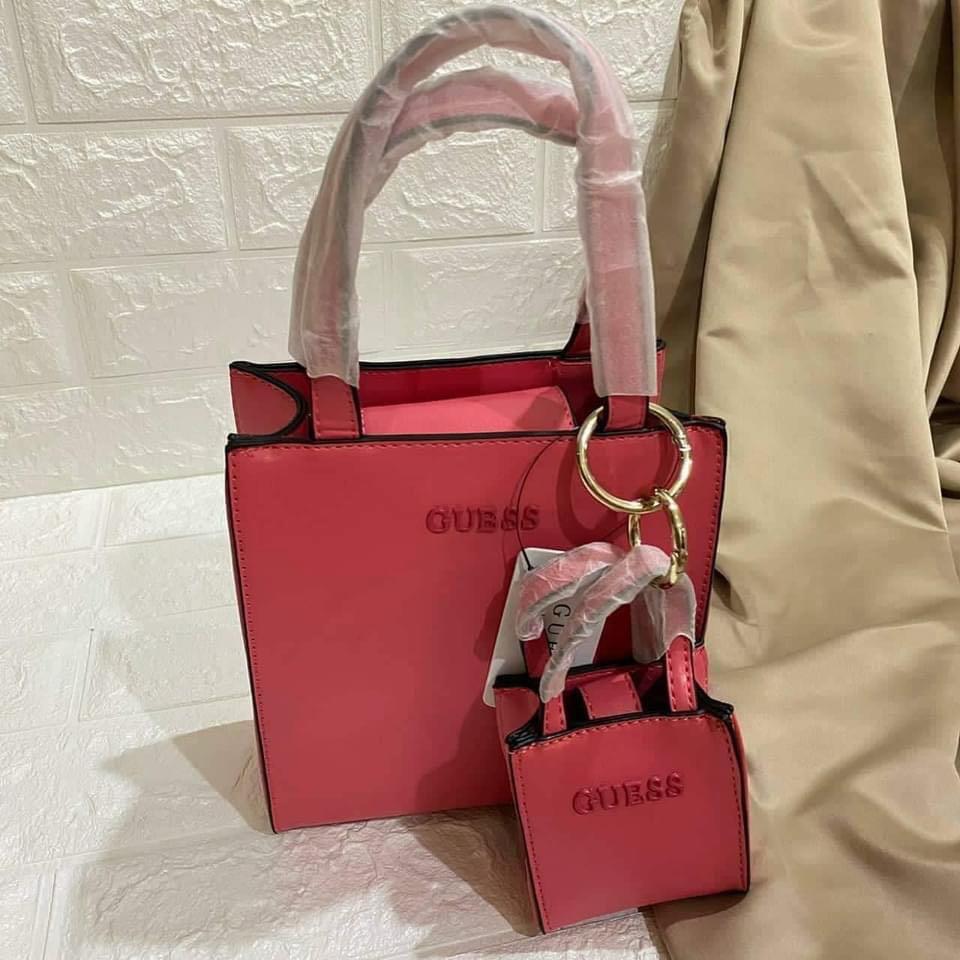 PINK GUESS PICNIC MINI TOTE BAG WITH SLING, Women's Fashion, Bags