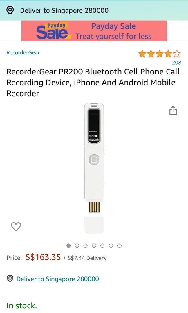 RecorderGear PR200 Bluetooth Cell Phone Call Recording Device