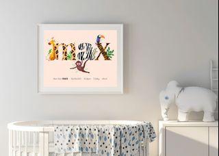 Safari Jungle Animals Nursery Decor, Personalised Name Wall Print, Home Decor, Kids Play Room Print, Animal Print Bedroom Wall Art Print