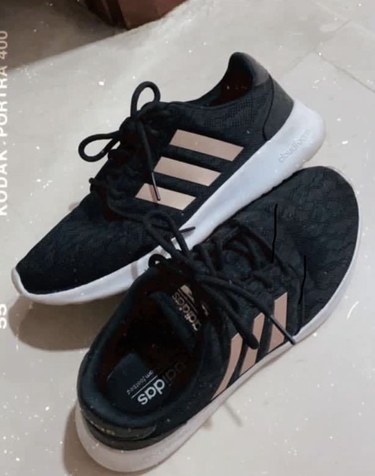 Adidas CloudFoam Black Sneakers Shoes Rose Gold Stripes (AUTHENTIC), Fashion, Footwear, Sneakers on Carousell