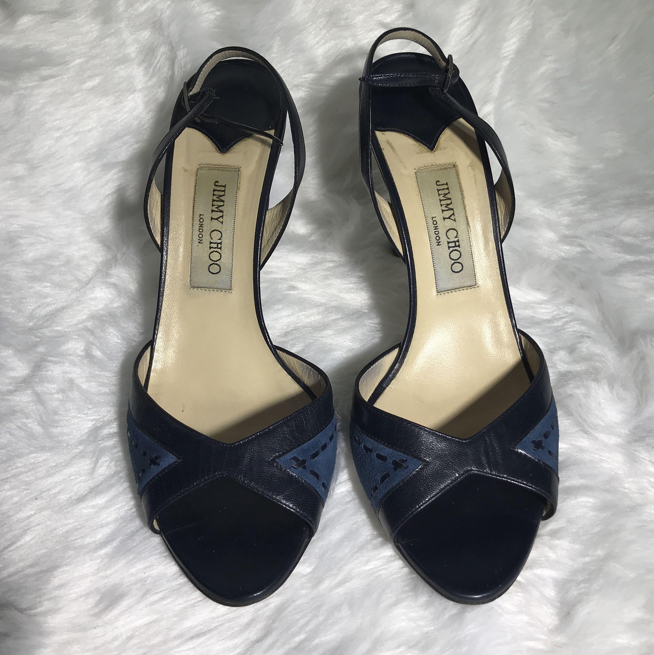 Jimmy Choo Black & Blue Suede Sling Back Heels (Category: Heels) located in Manila. Submitted by cookie.cutter (Listing ID 1103679200, Image 3). Description: •Original & Authentic •Pre-loved • Stiletto heels •SRP $935 as shown on the box • Comes with box, dust bag, and tag • Model: 062 Florida Forma 60S Tacco 8S 11100359 • Suede • Sling back.