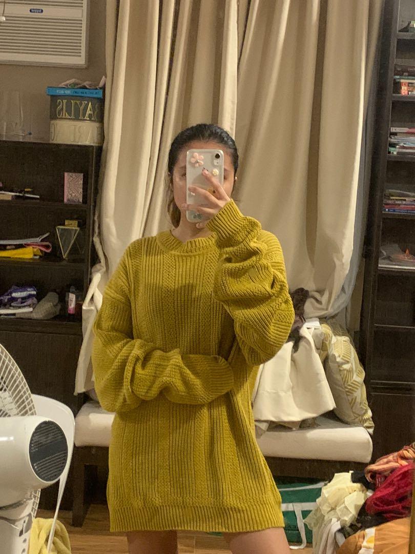 Mustard Yellow Oversized Retro Vintage Y2K Outerwear Chunky Knitted Sweater Pullover Dress Women s Fashion Tops Longsleeves on Carousell