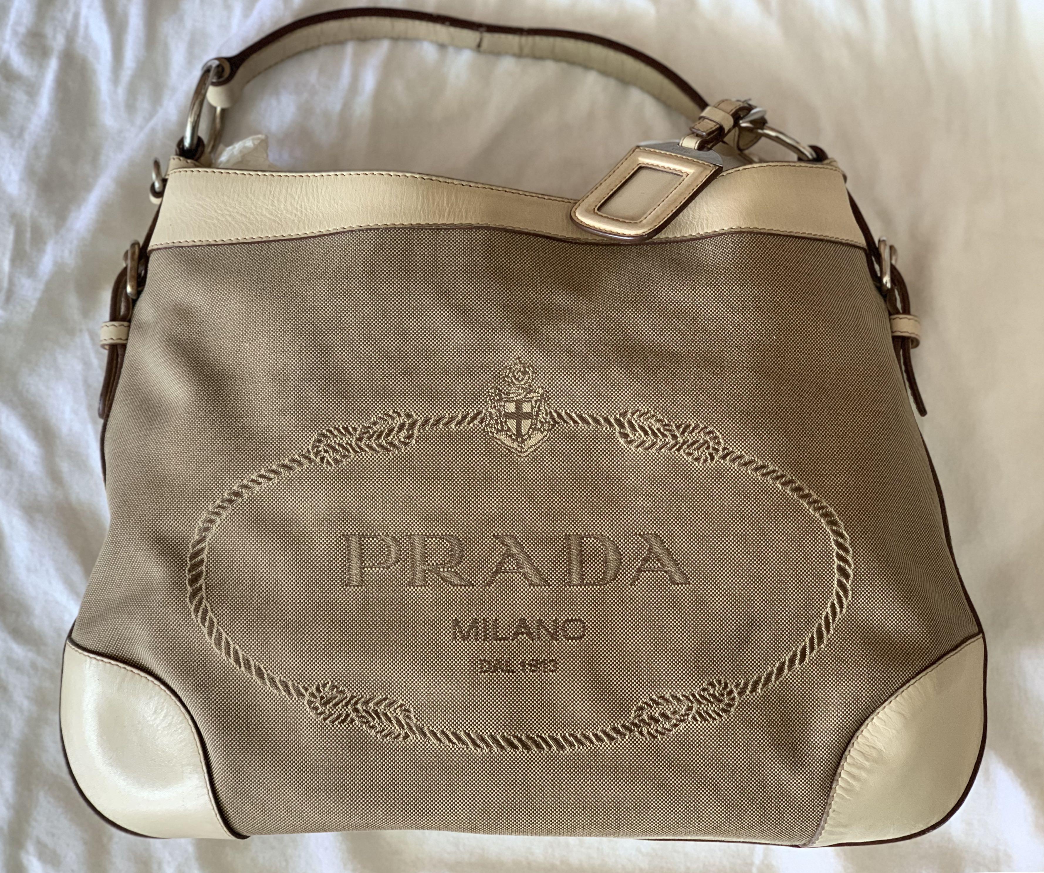 Prada Logo Jacquard Shoulder Bag One Semi Canvas Leather Khaki 