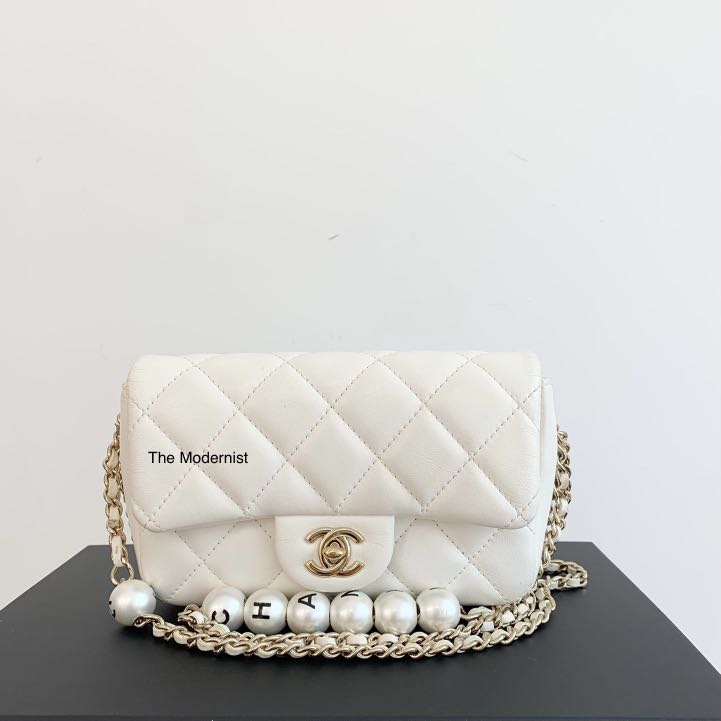 Authentic Chanel Logo Pearl Chain Bag White Lambskin Gold Hardware Luxury Bags Wallets on Carousell