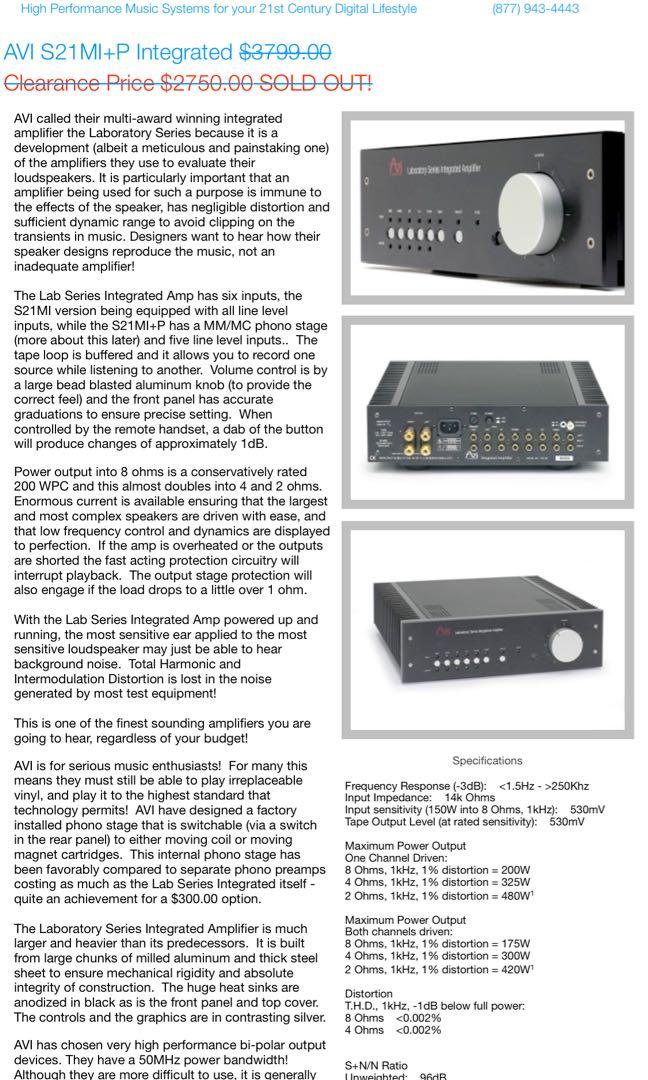 AVI S21 M1 Laboratory Series Integrated Amp, Hobbies & Toys, Music