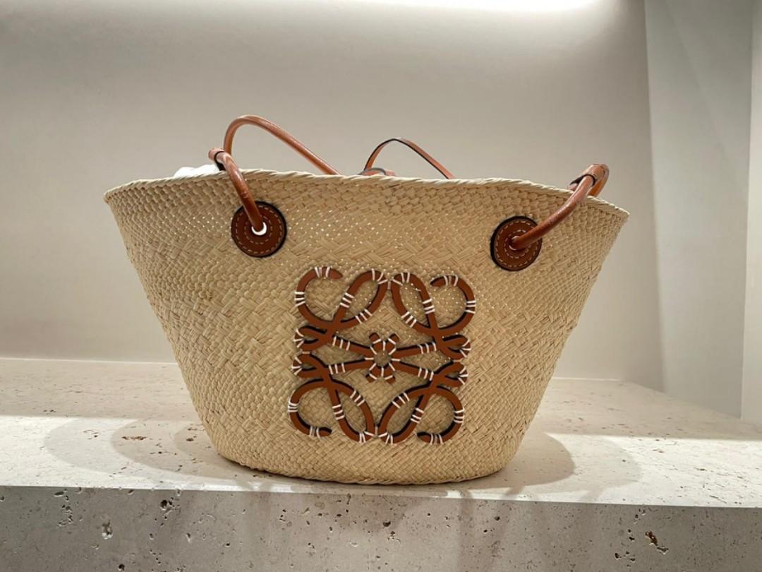 Loewe Neutrals, Pattern Print Raffia Anagram Pochette Basket Bag Small