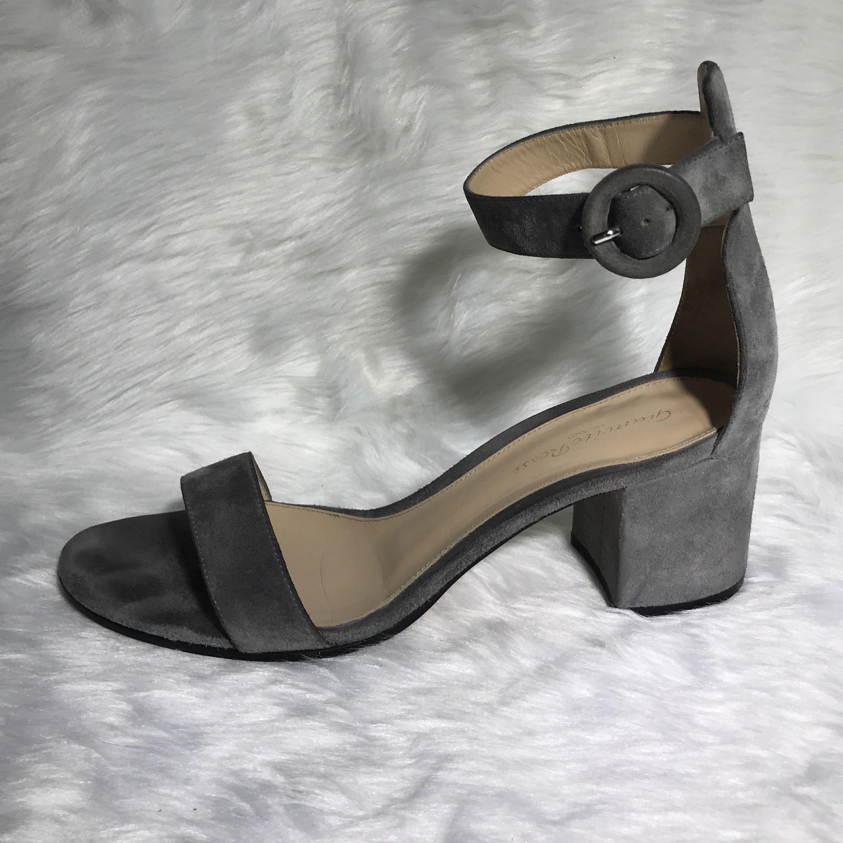 Gianvito Rossi Versilia Grey Suede Block Heels (Category: Heels) located in Manila. Submitted by cookie.cutter (Listing ID 1103729501, Image 1). Description: •Original & Authentic •Pre-loved • Suede ankle strap block heels •Block heels •SRP $675 as shown on the box • Comes with box, dust bag, and tag • Model: Versilia 60 Camoscio Fumo G60357.60RIC.CAMFUMO G60357CAM/GREY • Leather • Made in Italy.