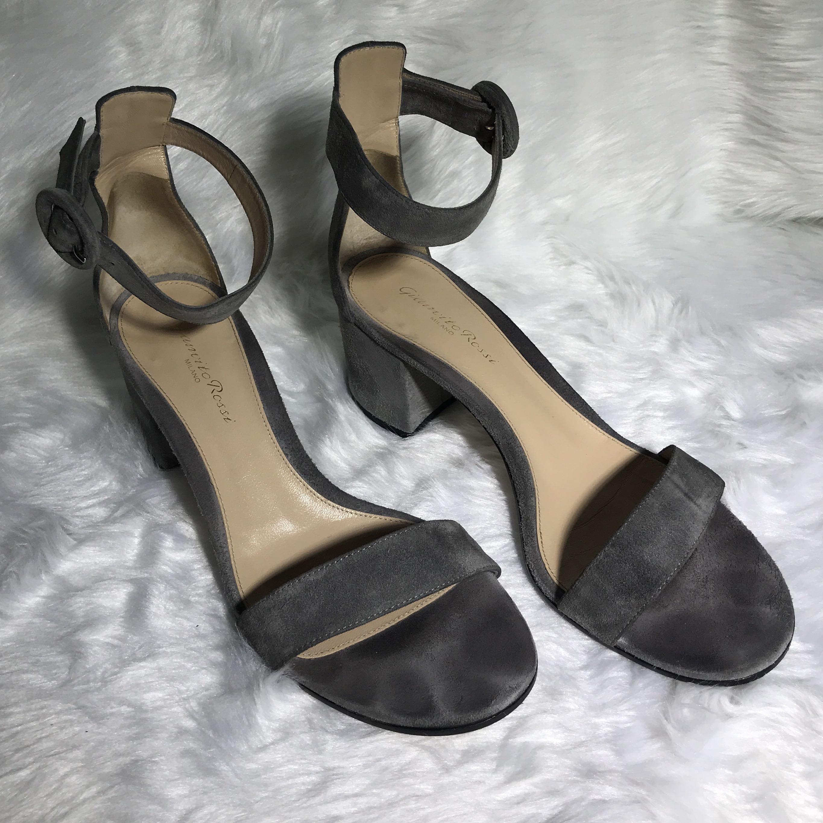 Gianvito Rossi Versilia Grey Suede Block Heels (Category: Heels) located in Manila. Submitted by cookie.cutter (Listing ID 1103729501, Image 3). Description: •Original & Authentic •Pre-loved • Suede ankle strap block heels •Block heels •SRP $675 as shown on the box • Comes with box, dust bag, and tag • Model: Versilia 60 Camoscio Fumo G60357.60RIC.CAMFUMO G60357CAM/GREY • Leather • Made in Italy.