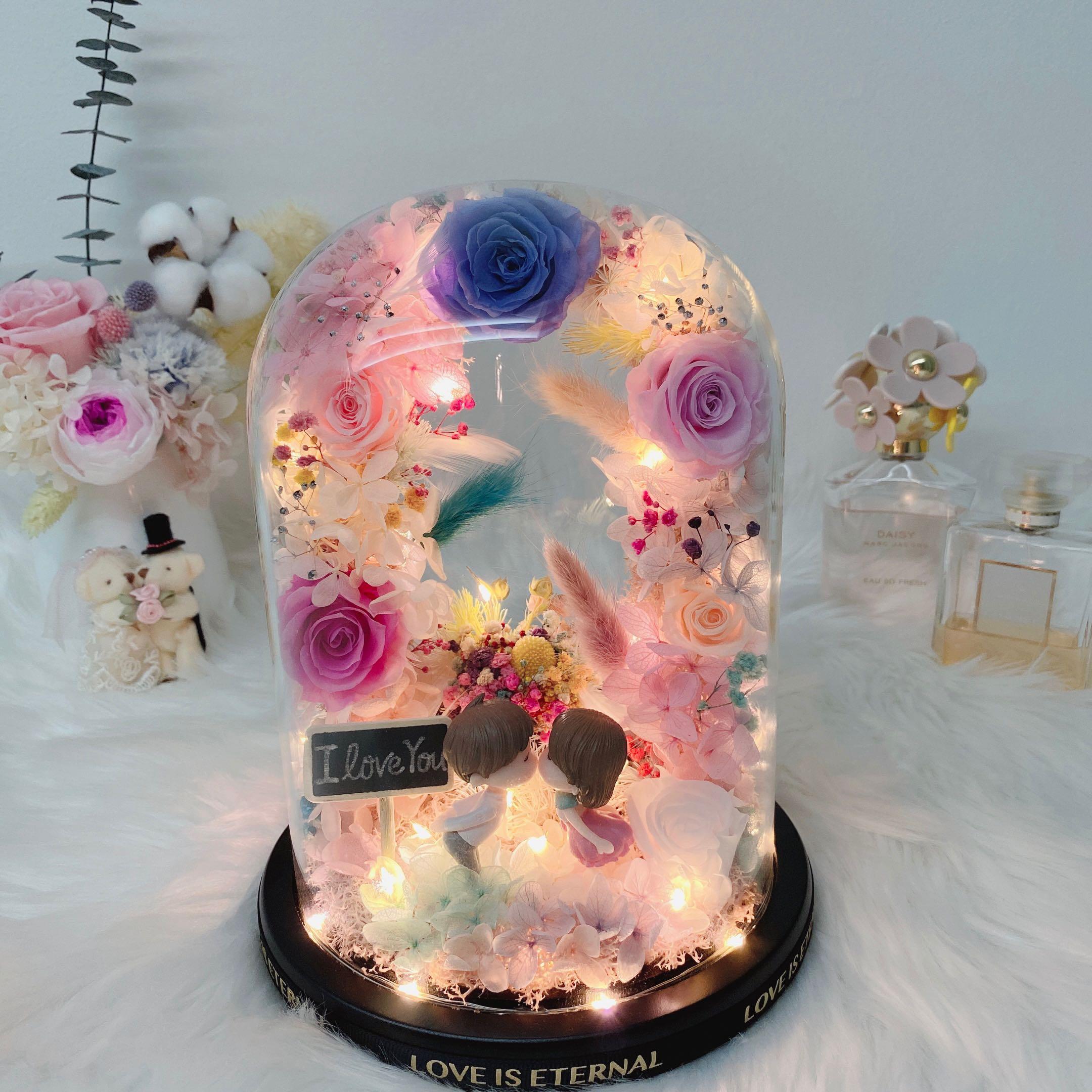 Grand Dome Preserved Flowers Roses Fairy Light Anniversary Wedding Proposal Get Well Flower Dome Bell Jar Flower Bouquet Birthday Housewarming Marry Graduation Baby New Born Present Gift Delivery 永生花永真花玫瑰 七夕生日求婚周年毕业婚礼宝宝