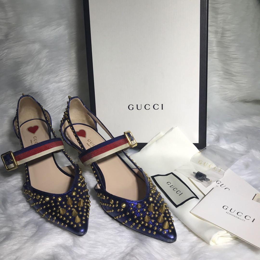 Gucci Blue Metallic Spiked Kitten Heels